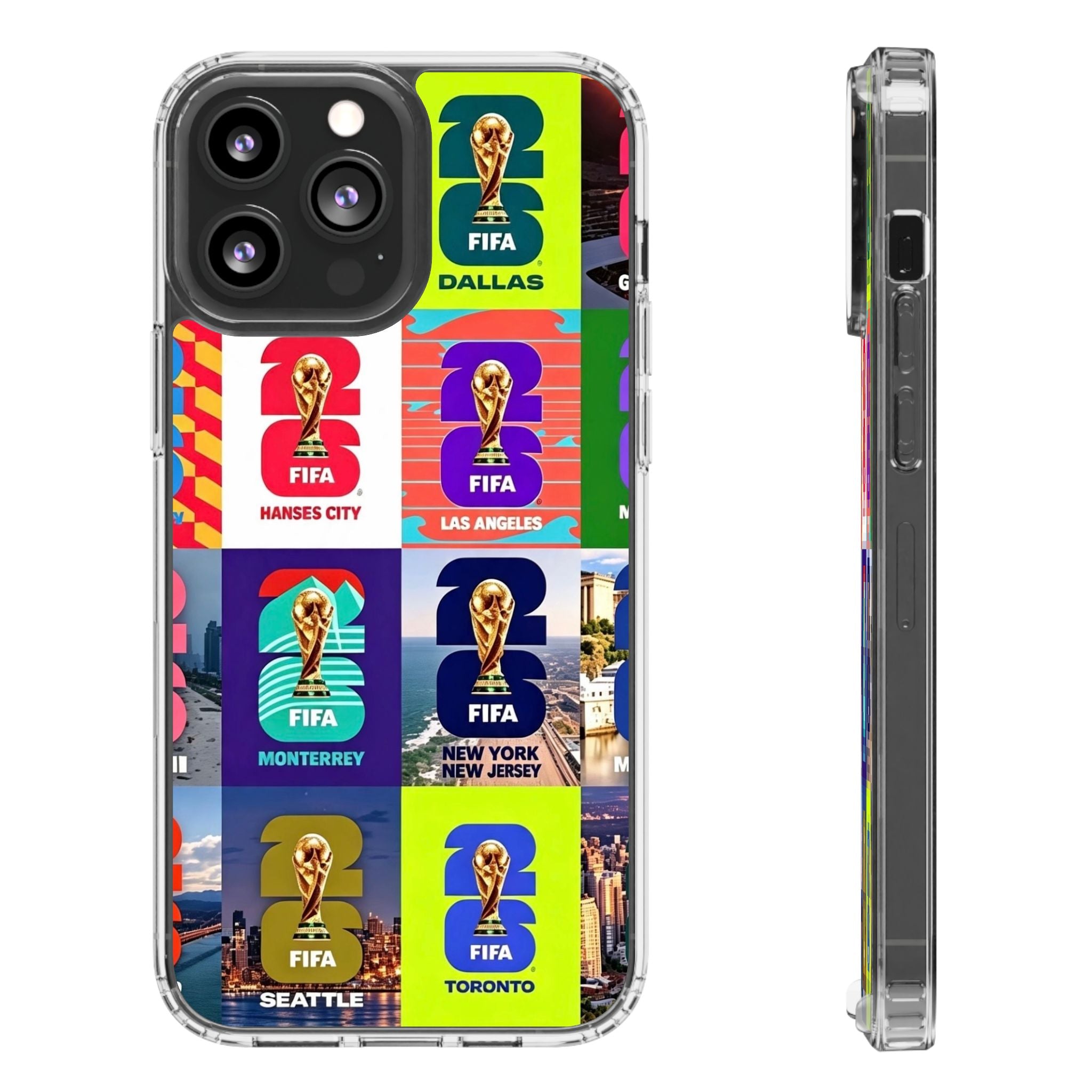 FIFA World Cup Pop Art Clear Phone Case — City Badge Collage (Dallas, LA, Monterrey, Toronto, Seattle)