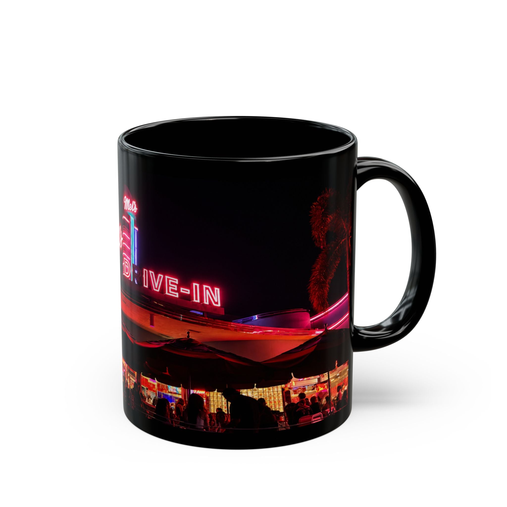 Mel's Drive-In Neon Night Coffee Mug — Retro Diner Black Ceramic Mug (11oz, 15oz)