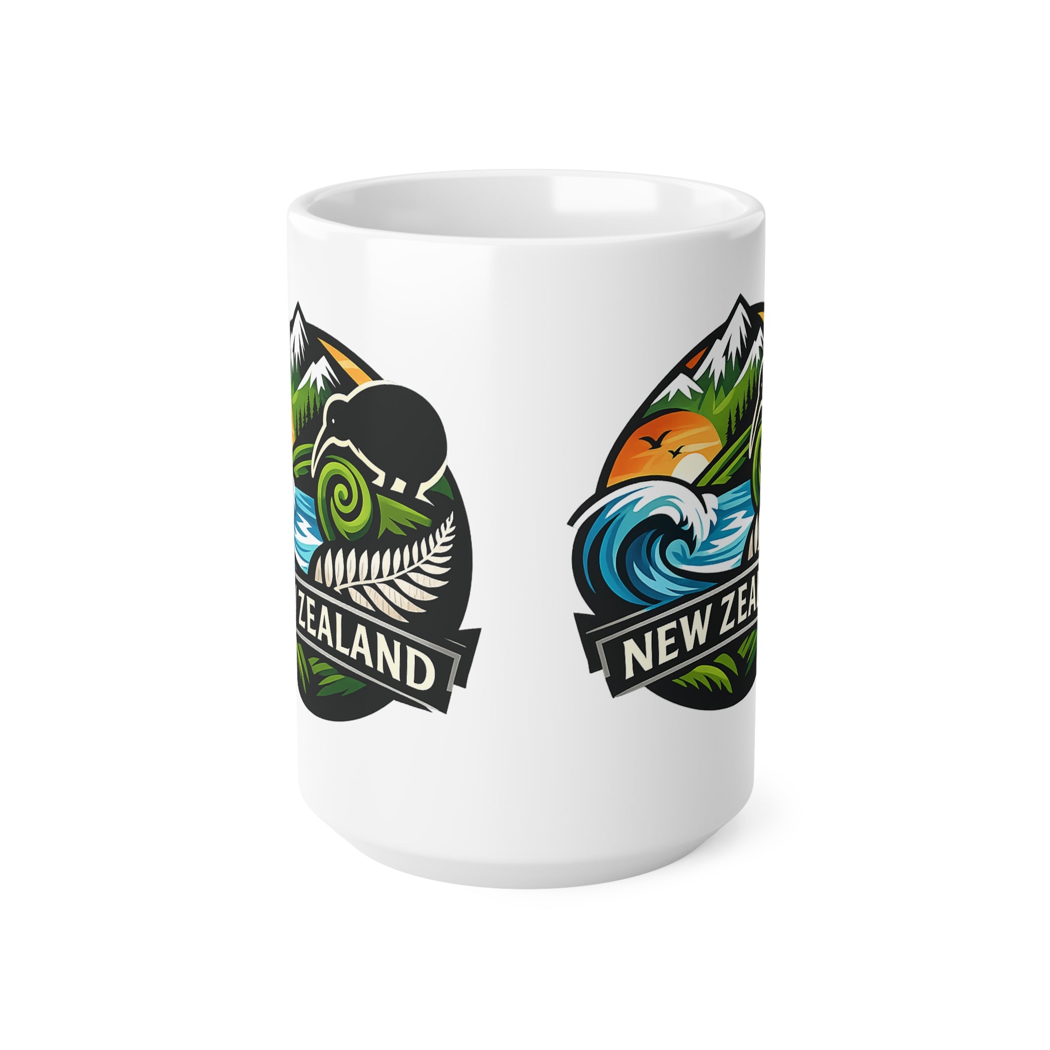 New Zealand Scenic Badge Ceramic Mug — Kiwi, Fern & Ocean Coffee Cup (11oz/15oz)