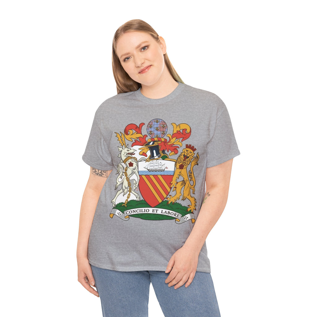 Manchester Coat of Arms Crest T‑Shirt — Heraldic Family Shield Tee with 'Concilio et Labore' Banner