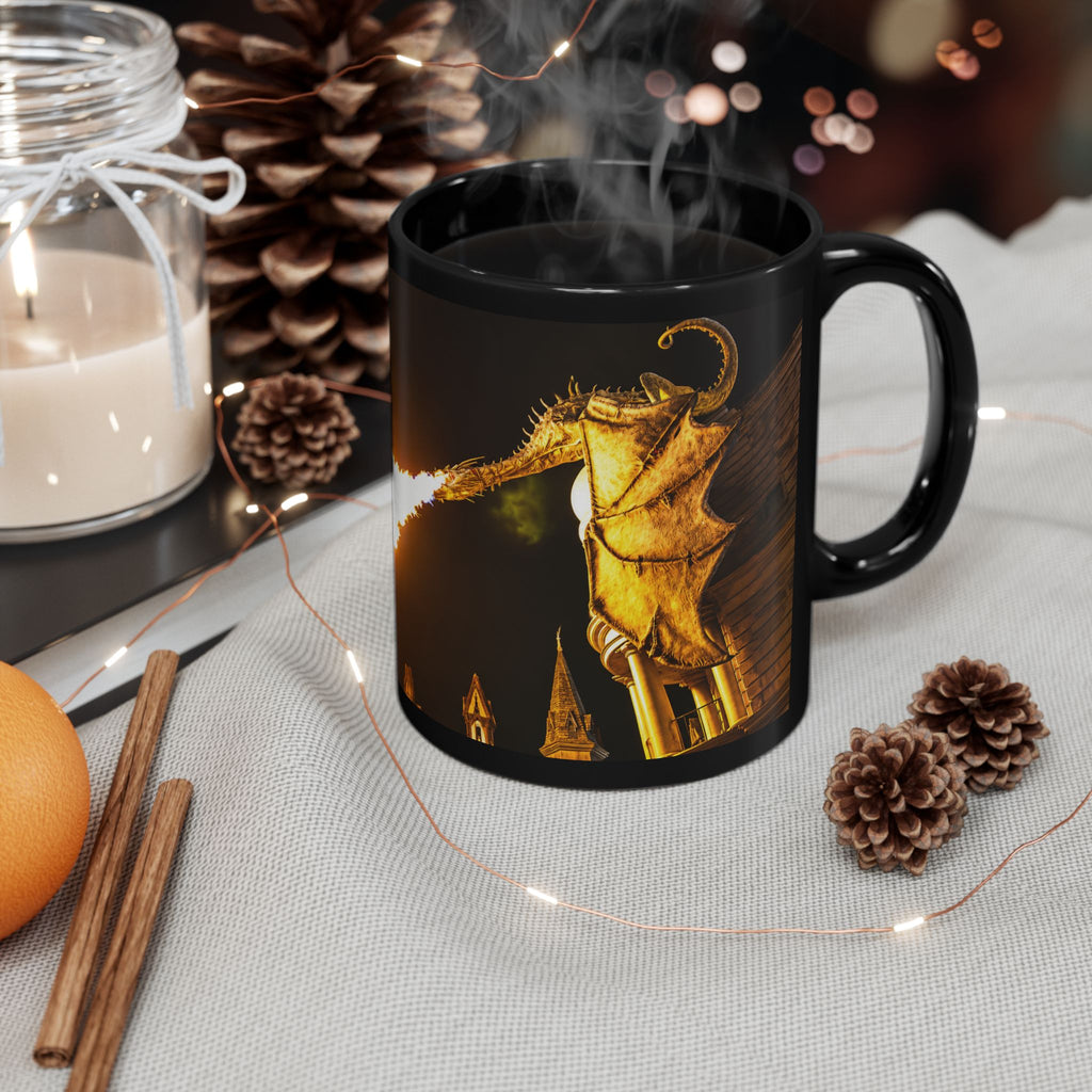 Golden Dragon Fire-Breathing Black Mug — Fantasy Castle Coffee Cup