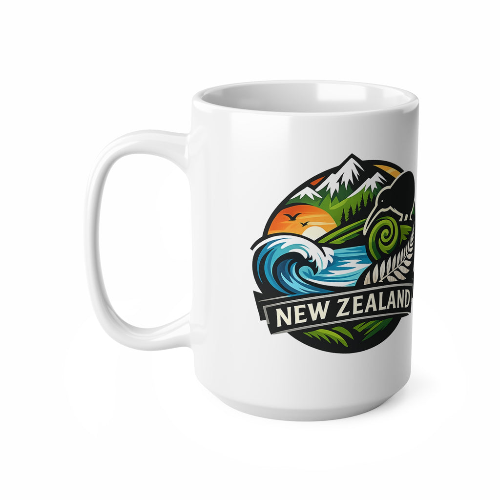 New Zealand Scenic Badge Ceramic Mug — Kiwi, Fern & Ocean Coffee Cup (11oz/15oz)