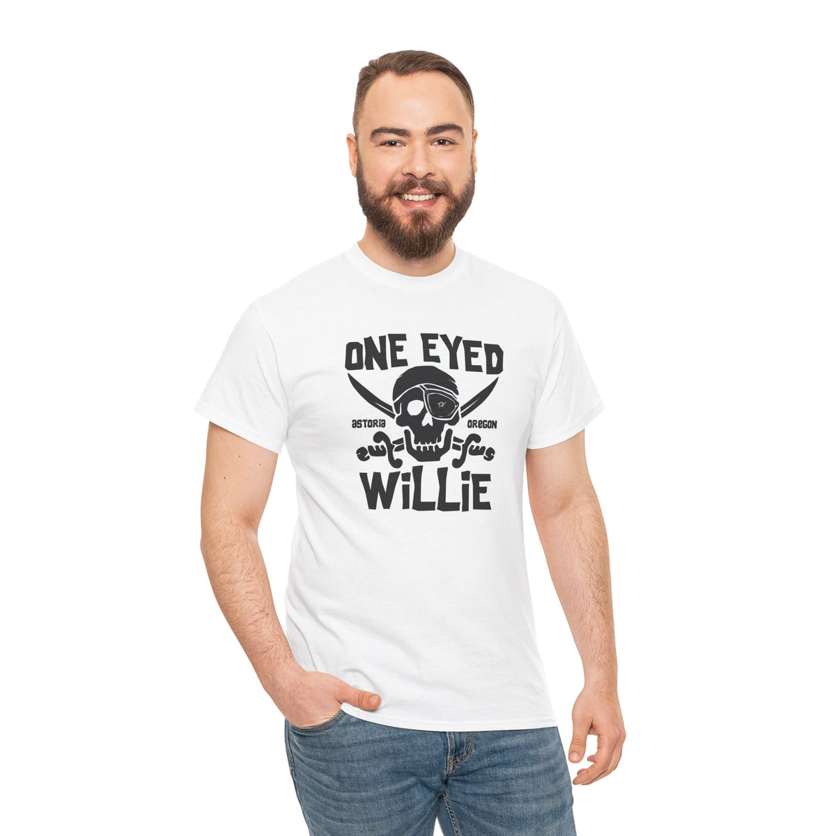 One Eyed Willie Pirate Skull Tee — Retro Nautical Adventure Graphic Shirt