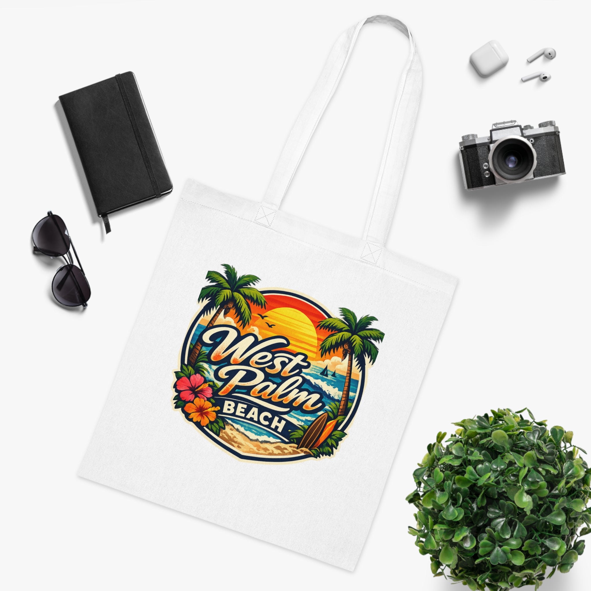 West Palm Beach Cotton Tote — Vintage Tropical Beach Palm Tree Design