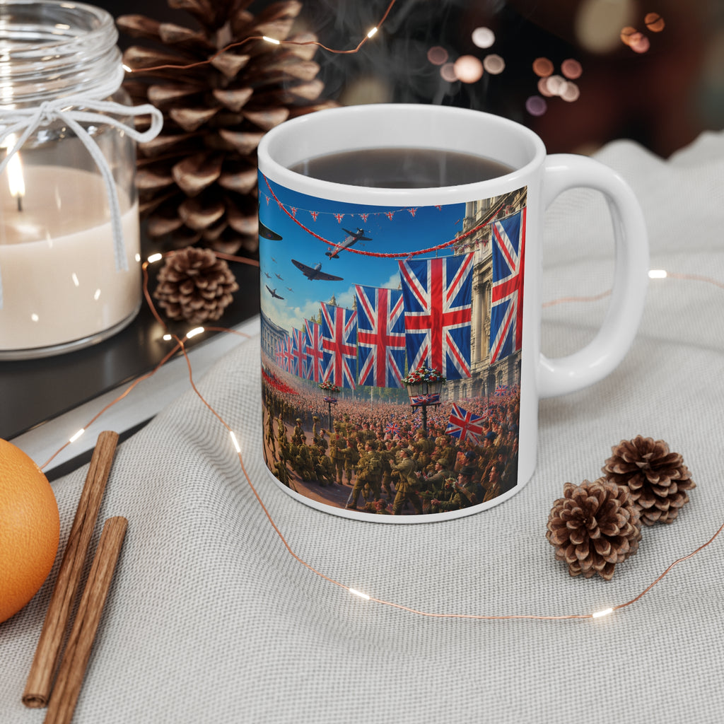 Union Jack Victory Parade Mug — Buckingham Palace Vintage WWII Commemorative Coffee Cup (11oz/15oz)