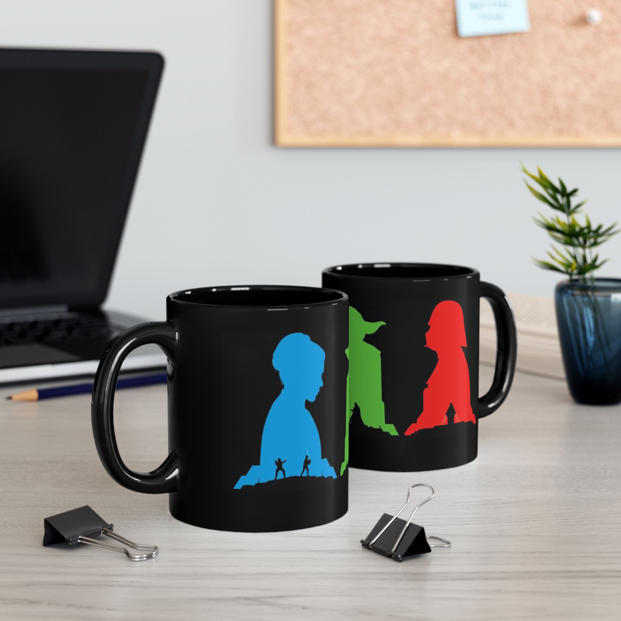 Star Wars Silhouette Mug — Yoda, Vader & Luke Color Portrait Coffee Cup (11oz/15oz)