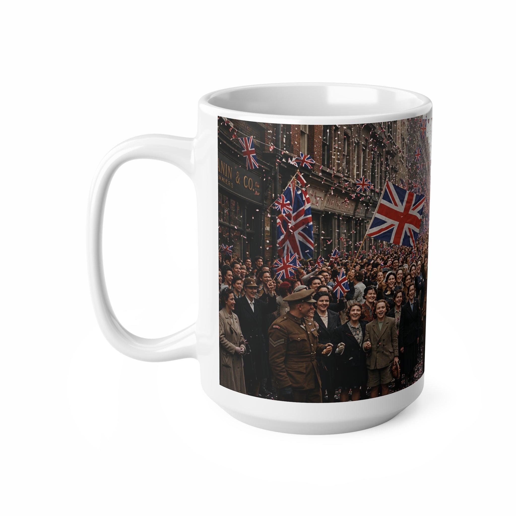 Union Jack Street Parade Mug — Vintage British Crowd Scene Ceramic Coffee Cup (11oz, 15oz)