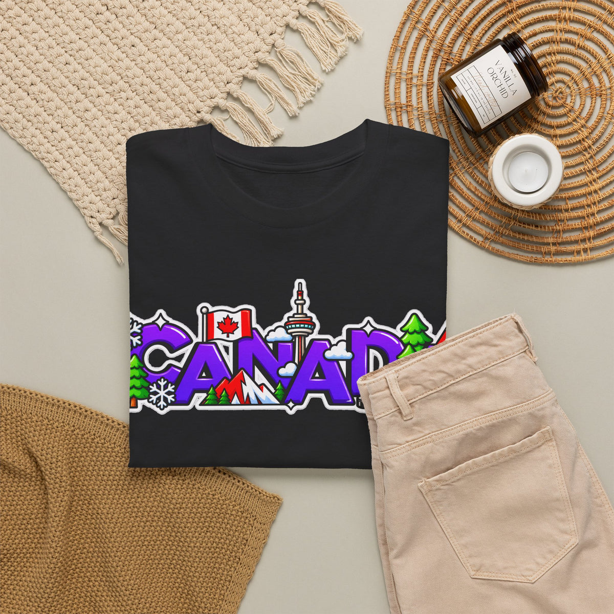 Canada Cartoon Graphic Tee — Canadian Landmark & Flag Travel T‑Shirt
