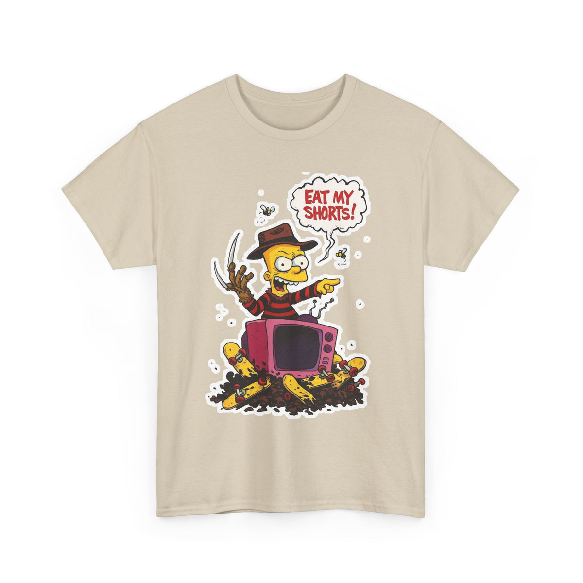 Horror TV Mashup Tee — “Eat My Shorts!” Retro Cartoon Tee