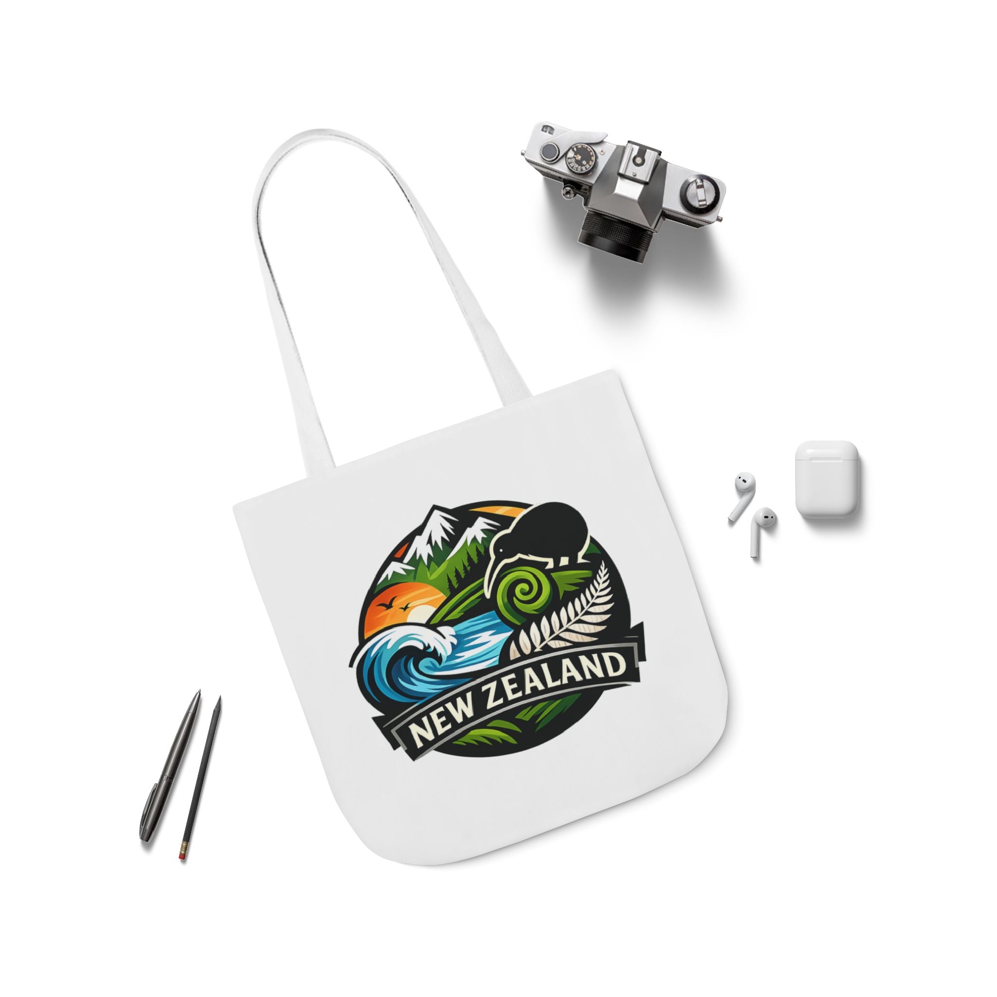 New Zealand Scenic Tote Bag — Kiwi, Mountains & Waves Canvas Tote