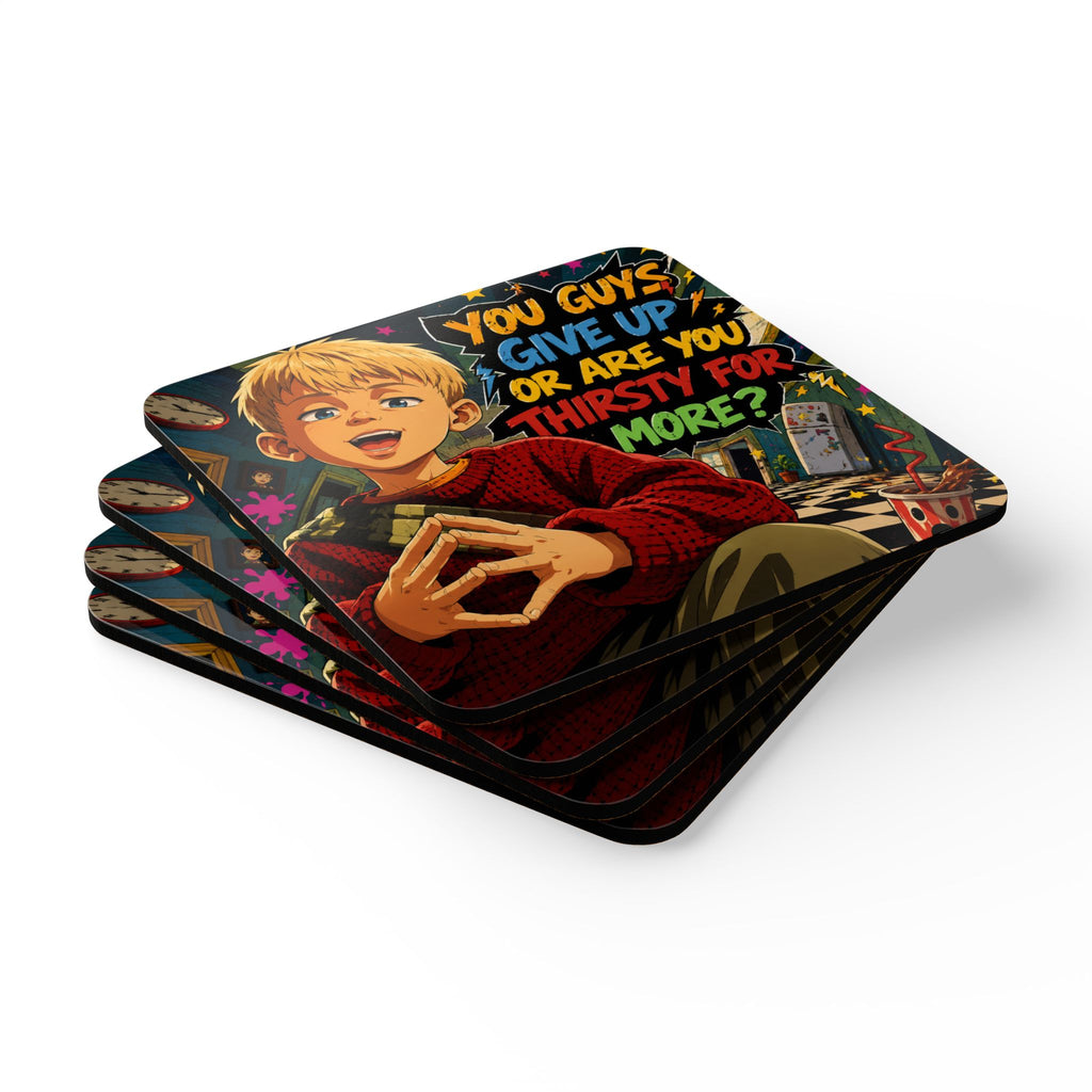 Home Alone Inspired Anime Quote Corkwood Coaster Set — "You Guys Give Up or Are You Thirsty for More?"