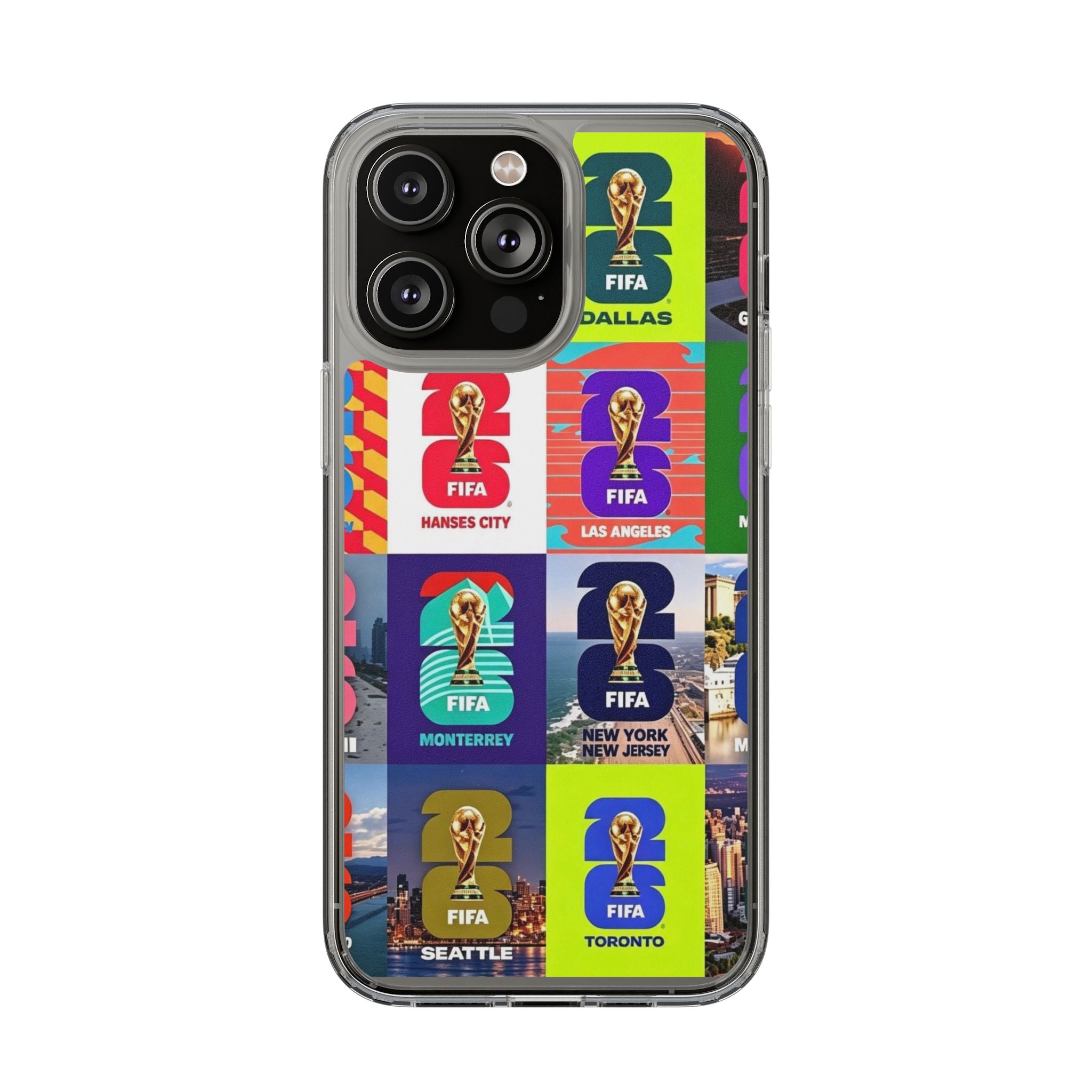 FIFA World Cup Pop Art Clear Phone Case — City Badge Collage (Dallas, LA, Monterrey, Toronto, Seattle)