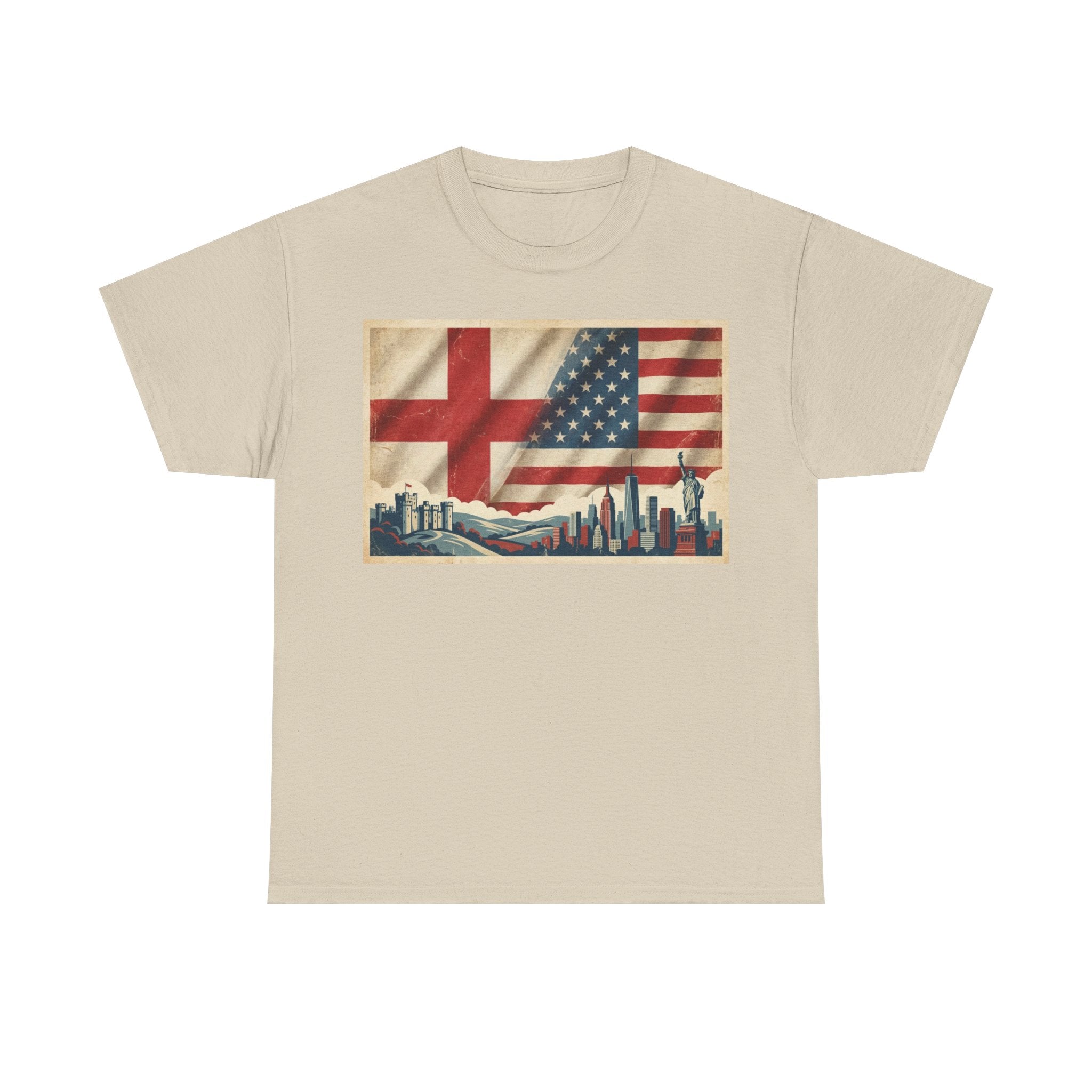 England + USA Flag Skyline T-Shirt — Vintage London & New York City Pride Tee