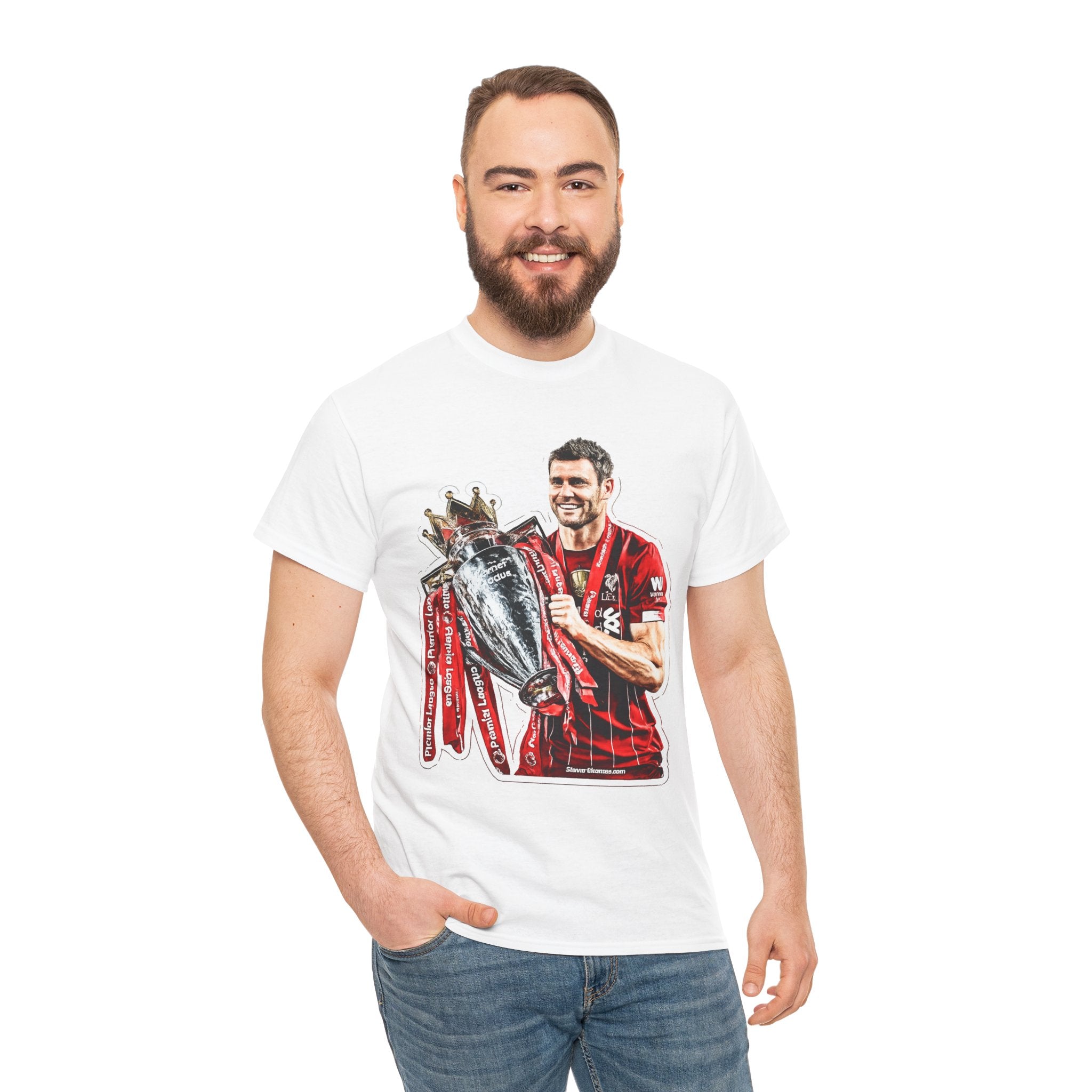 James Milner Liverpool Premier League Champion Trophy T-Shirt — Player Holding Premier Trophy