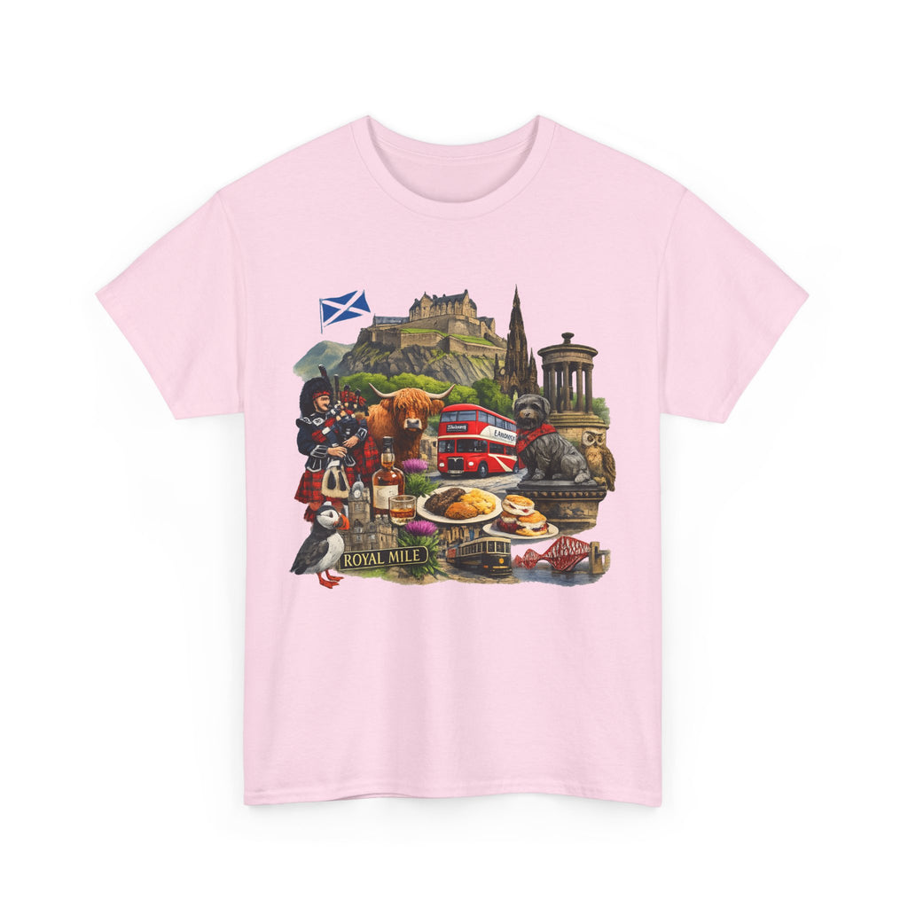 Scotland / Edinburgh Travel Collage T-Shirt — Edinburgh Castle, Bagpipes & Local Icons