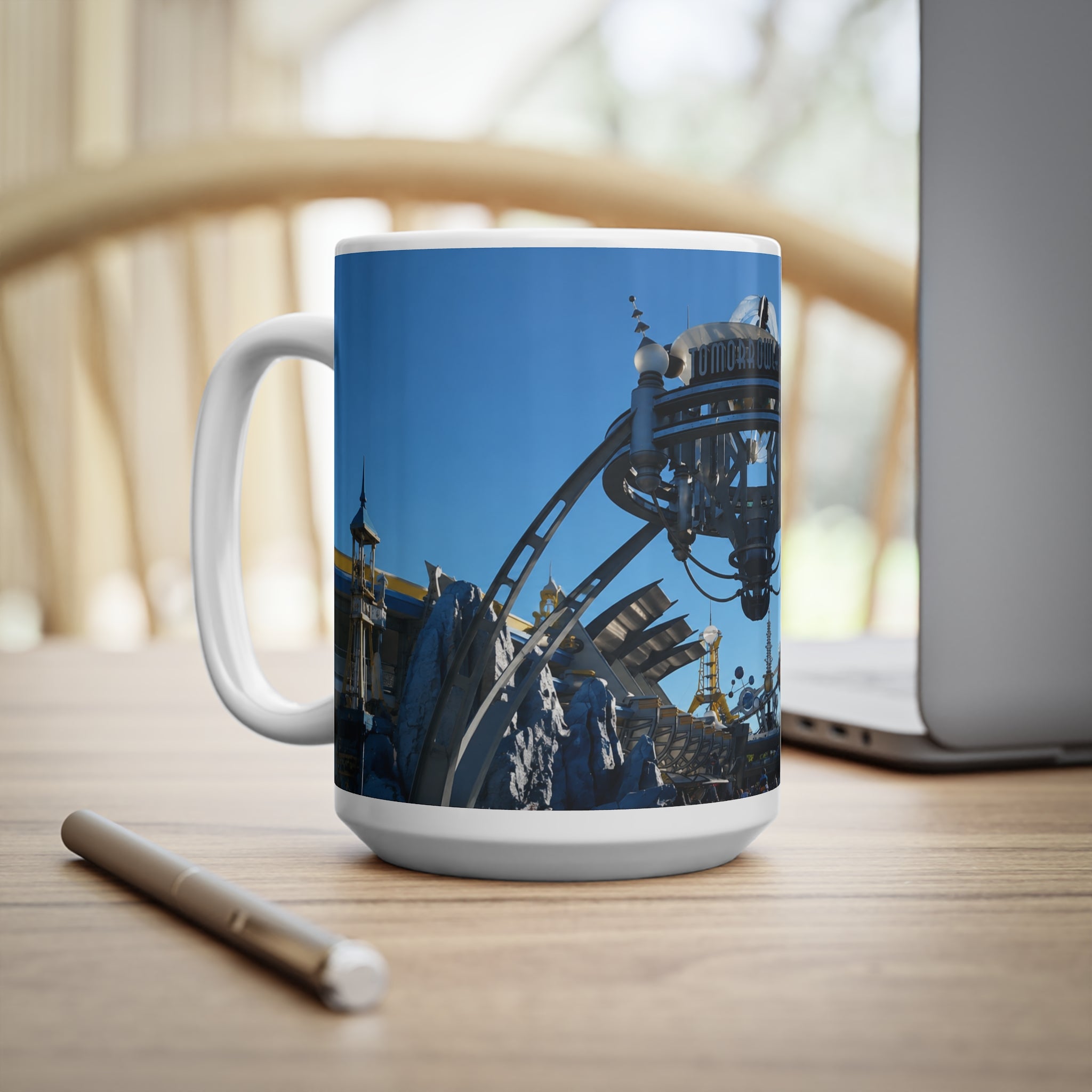 Tomorrowland Sign Photo Ceramic Mug — Vintage Carnival Sky Coffee Cup (11oz/15oz)