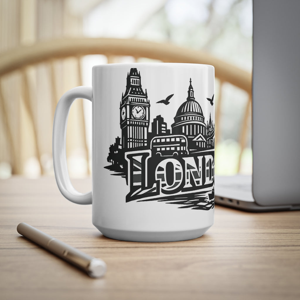 London Skyline Ceramic Mug — Black & White Cityscape Coffee Cup (11oz, 15oz)