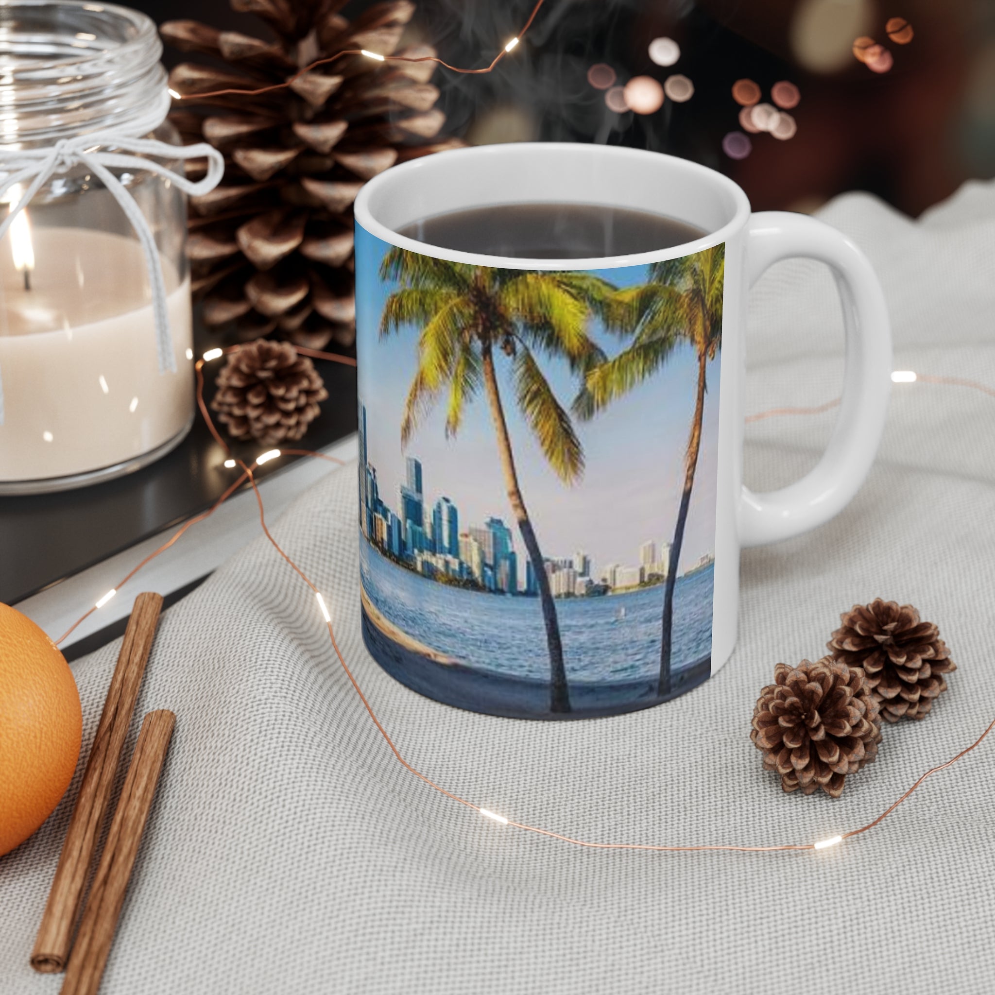Miami Skyline Palm Tree Coffee Mug — City Waterfront Ceramic Mug (11oz & 15oz)