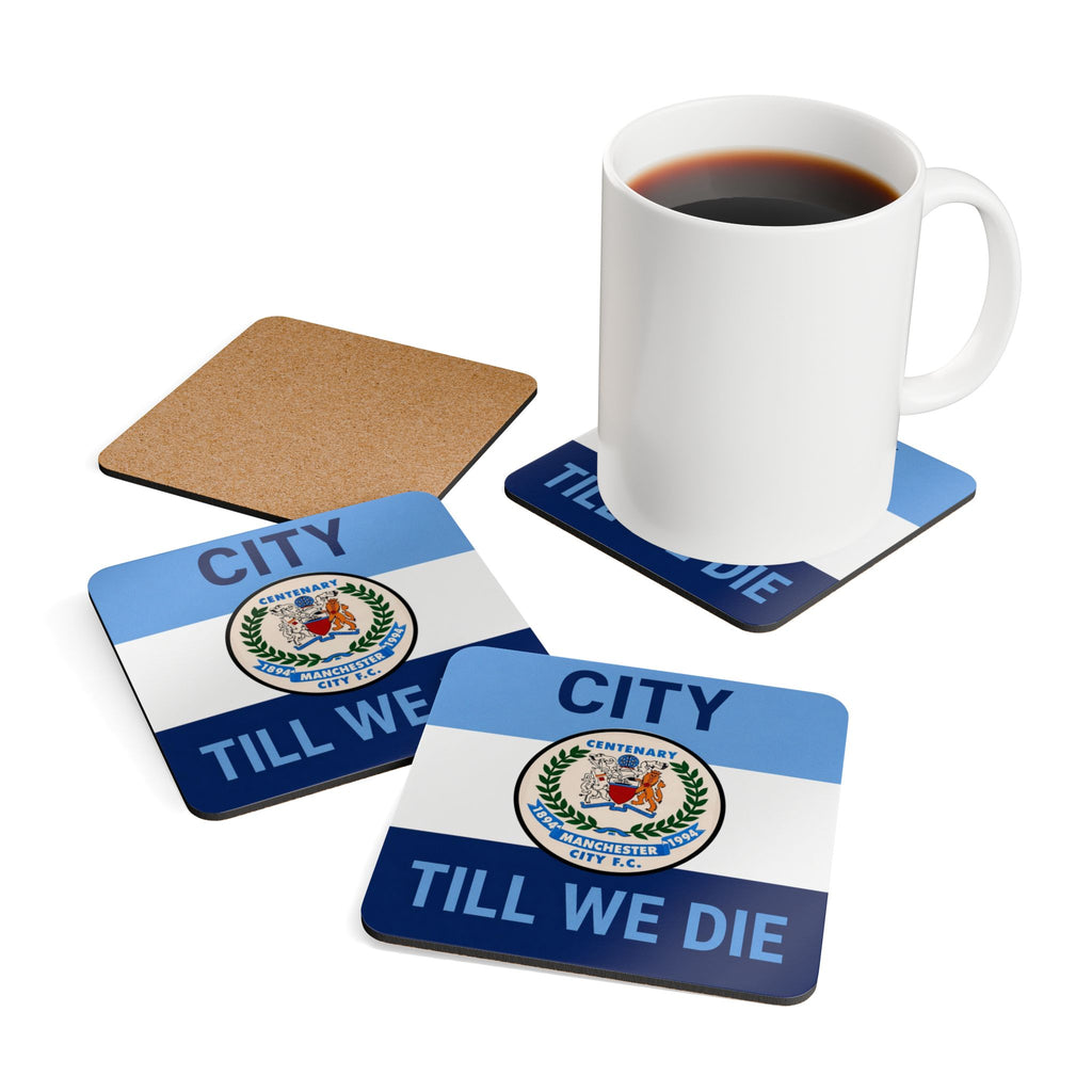 Cork Coaster Set — 'City Till We Die' Football Fan Drink Coasters (Blue Crest Design)