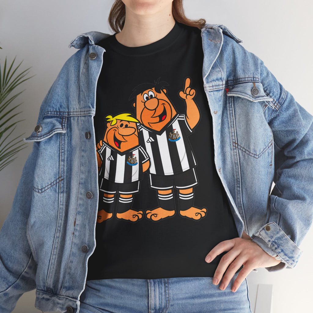 Newcastle United Flintstones Cartoon Cotton T-Shirt / Tee — Retro Striped Jersey Illustrations