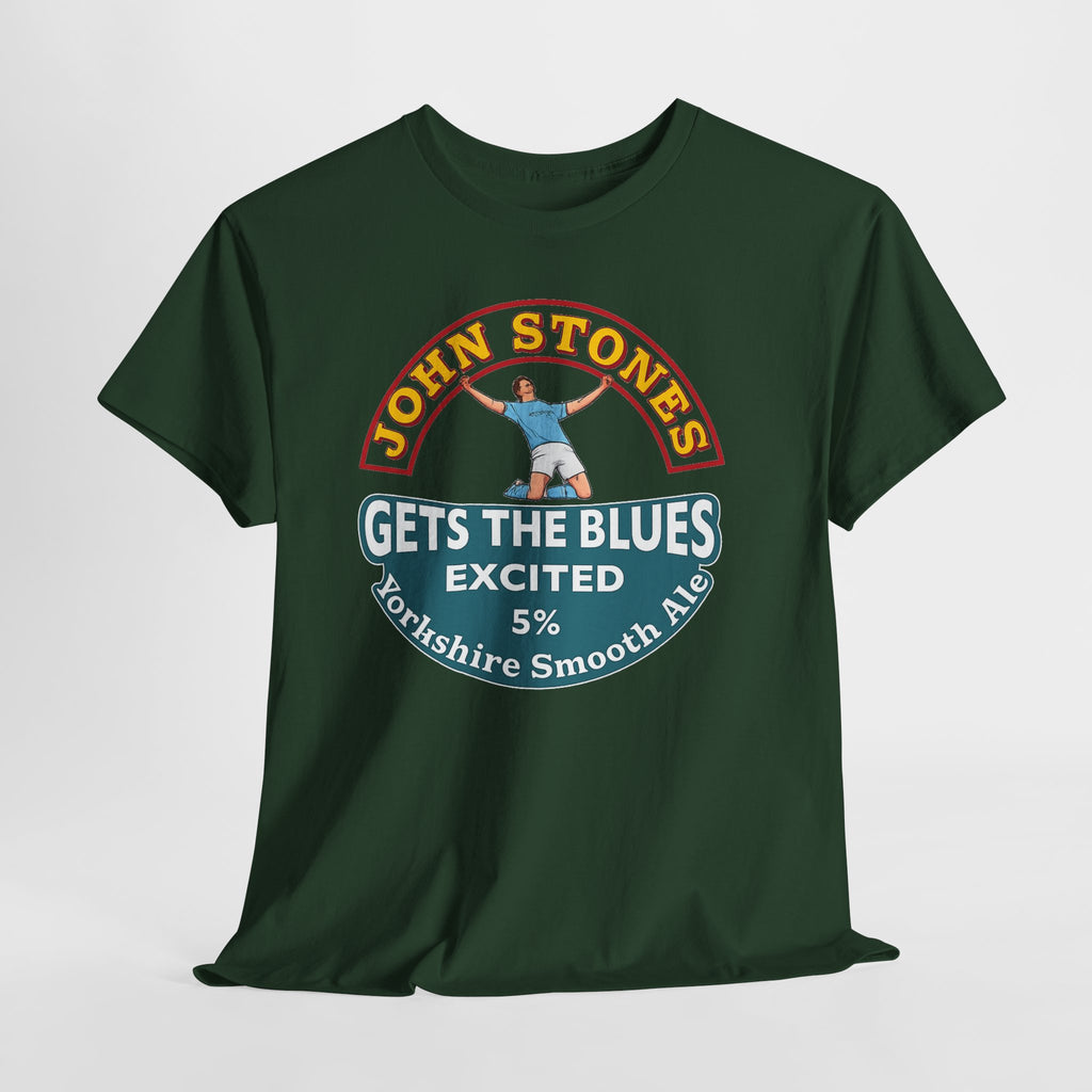 John Stones T-Shirt — "Gets The Blues Excited" Retro Ale Parody Tee