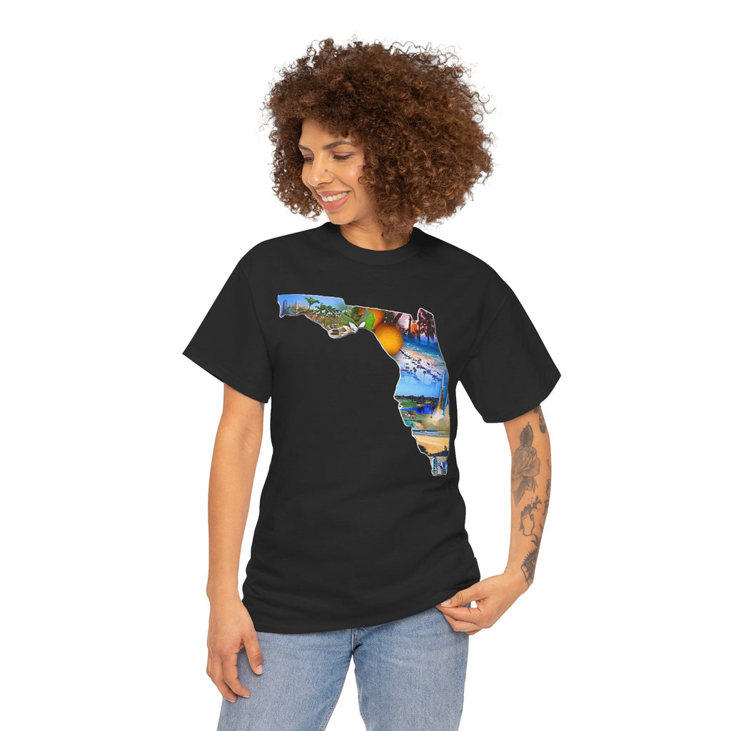 Florida State Shape T-Shirt — Scenic Beach & Sunset Map Tee