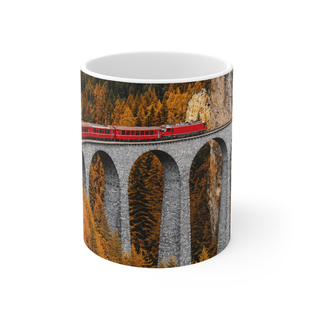 Alpine Scenic Red Train Bridge Coffee Mug – Autumn Railway 11oz & 15oz