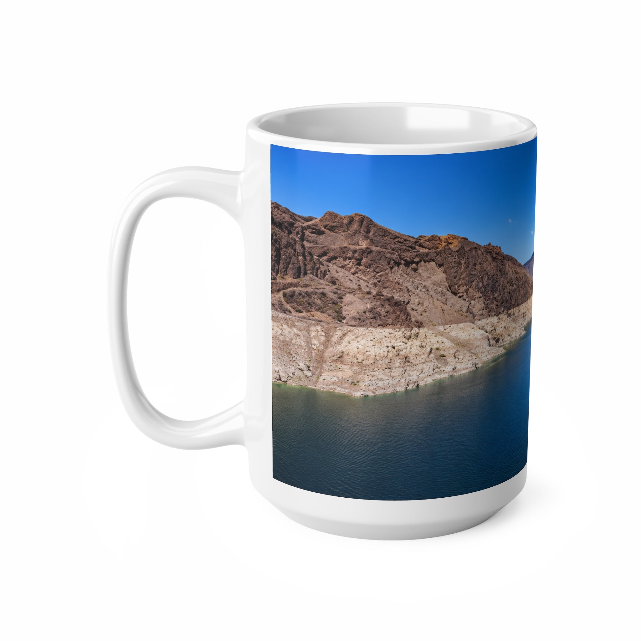 Desert Canyon Lake Photo Mug — Scenic Blue Waters Ceramic Coffee Cup (11oz & 15oz)