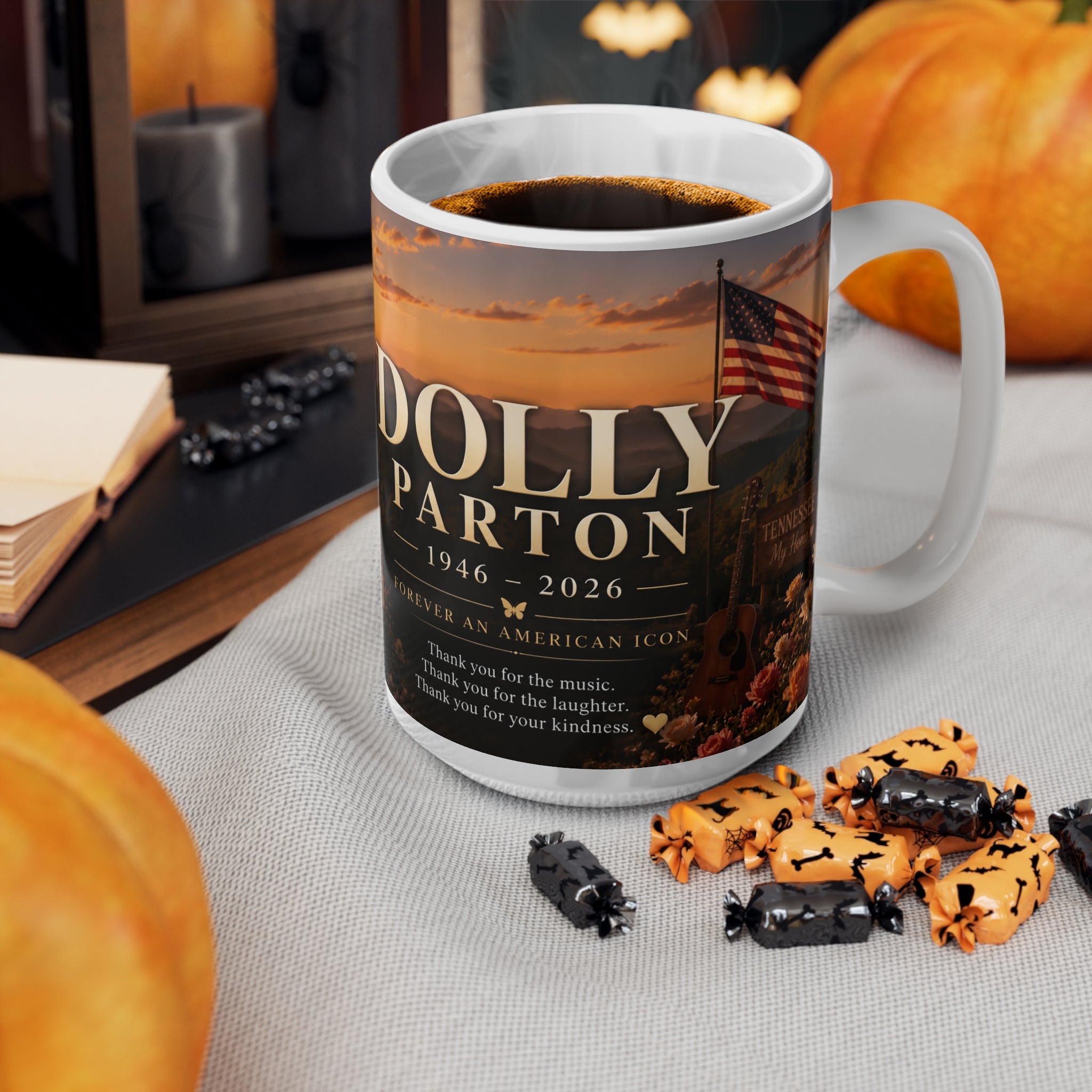 Dolly Parton Memorial Sunset Portrait Mug — Inspirational Tribute Ceramic Coffee Cup