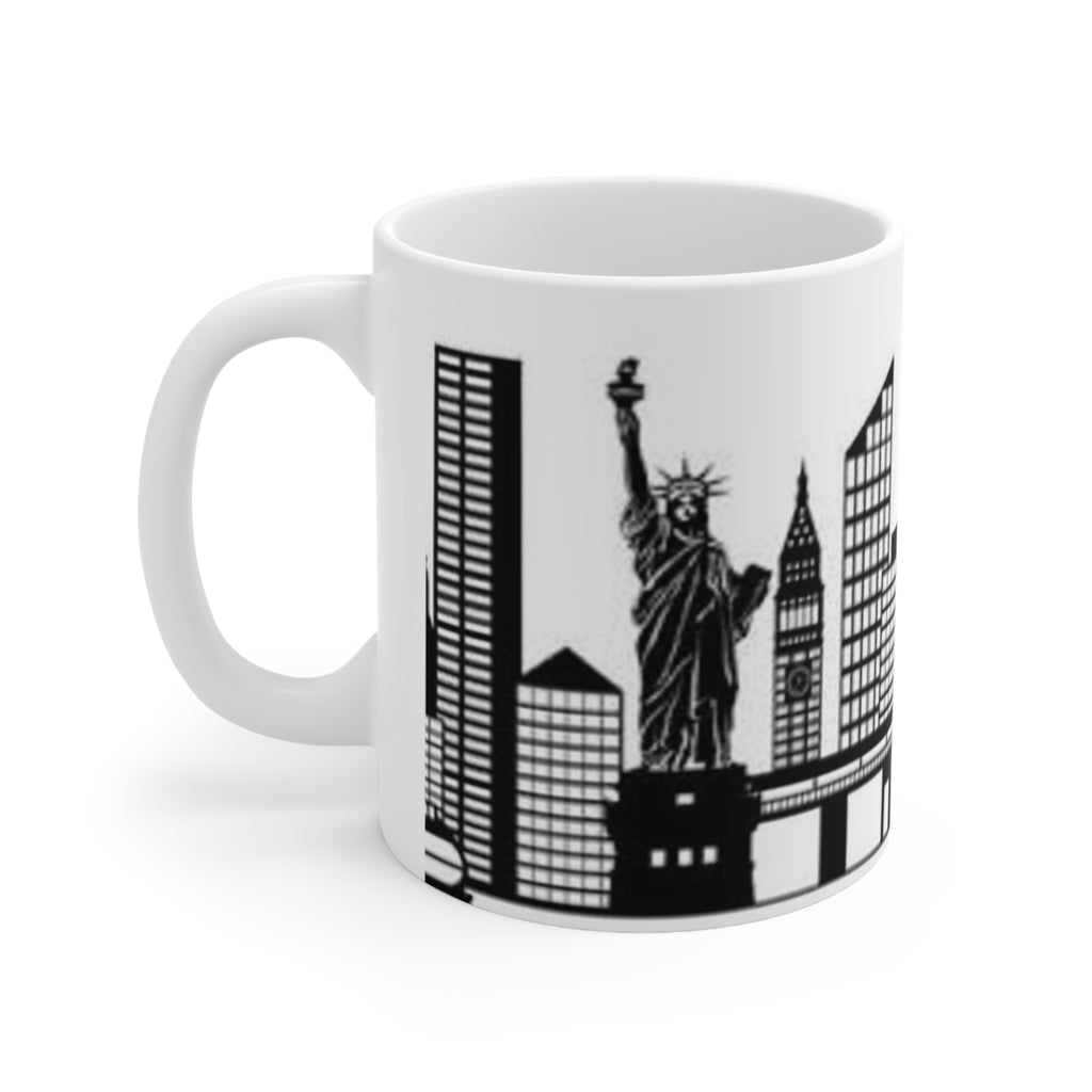 New York City Skyline Ceramic Mug — Black & White New York Statue of Liberty Coffee Cup (11oz, 15oz)