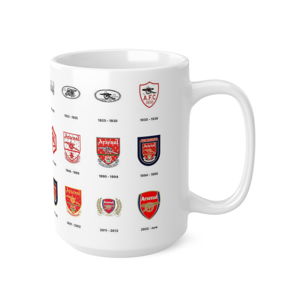 Arsenal Crest Evolution Coffee Mug — Timeline of Club Crests, 11oz & 15oz