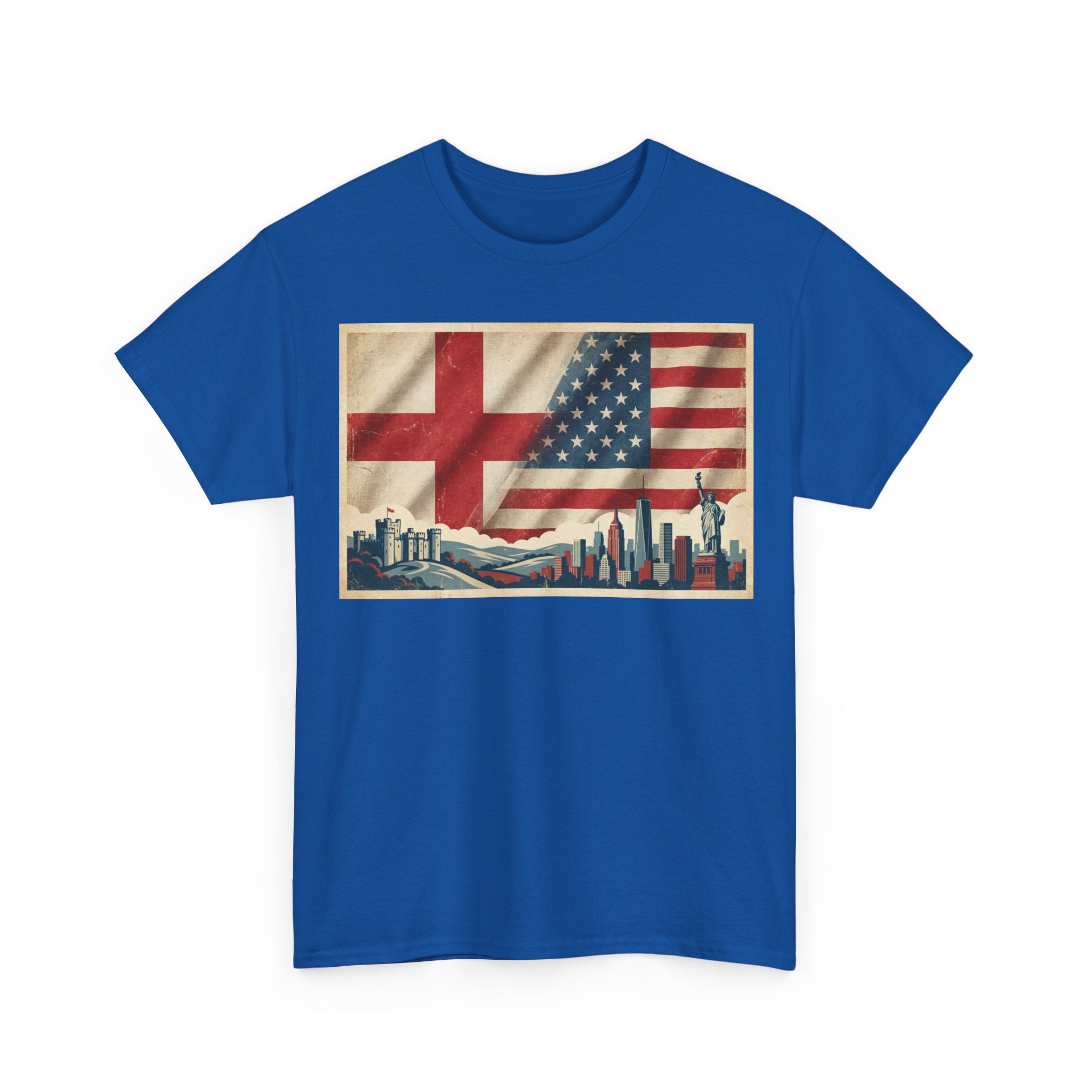 England + USA Flag Skyline T-Shirt — Vintage London & New York City Pride Tee