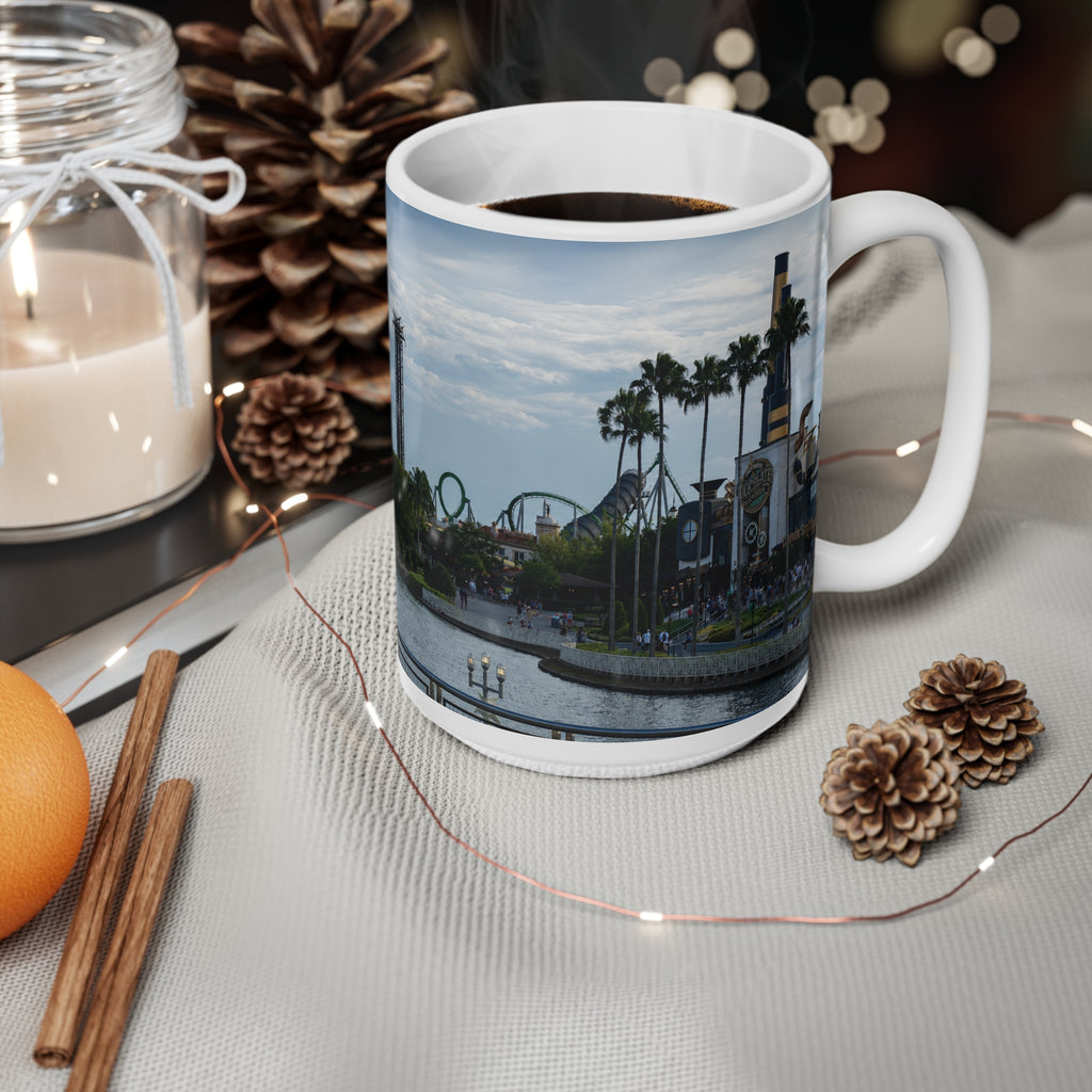 Universal IOA Theme Park Skyline Ceramic Mug — Roller Coaster Harbor Photo (11oz & 15oz)