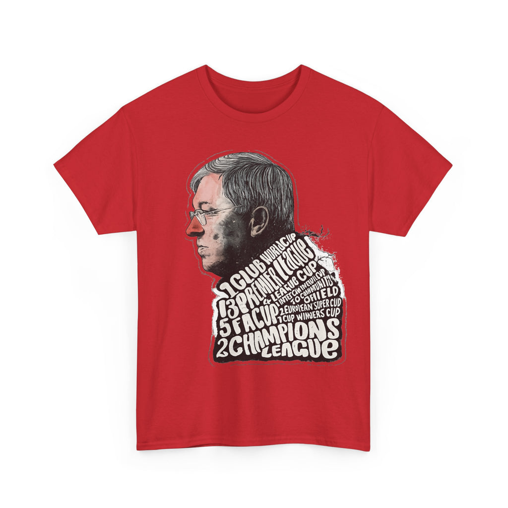 SIr Alex Ferguson Achievements Vintage Football Manager Profile Tee — Illustrated Head with Trophy Text Design
