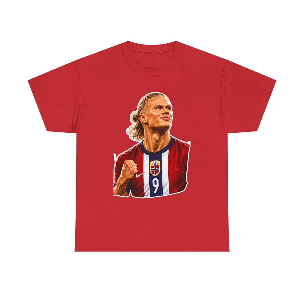 Erling Haaland Soccer Star Graphic Tee — #9 Norway Jersey Player Portrait