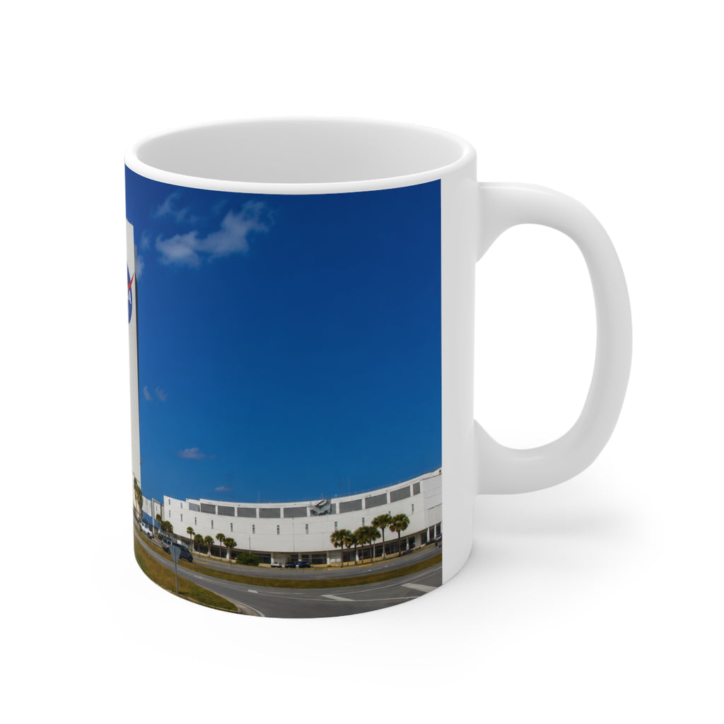 NASA Vehicle Assembly Building Photo Mug — American Flag Kennedy Space Center Souvenir (11oz & 15oz)