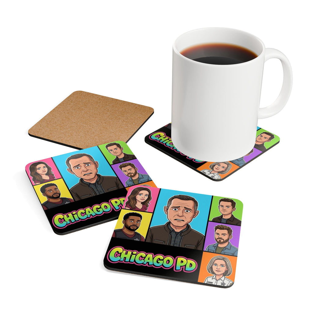 Chicago PD Cartoon Coaster Set — Pop Art Cork Drink Coasters (4-Pack)