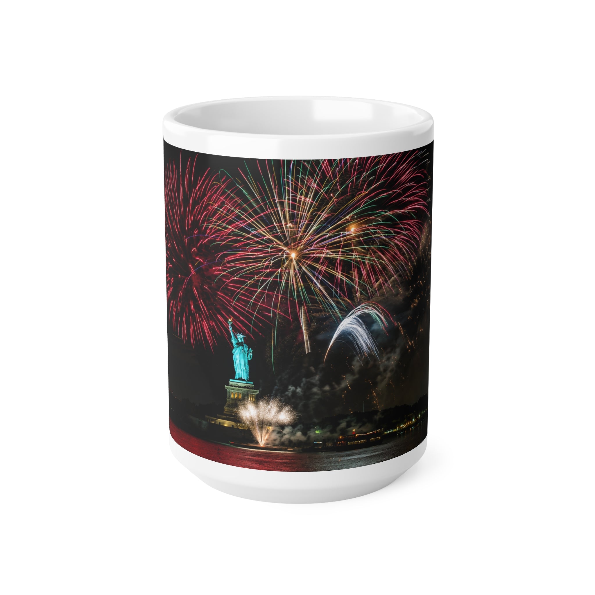 Statue of Liberty Fireworks Coffee Mug — Patriotic New York Night Skyline 11oz/15oz