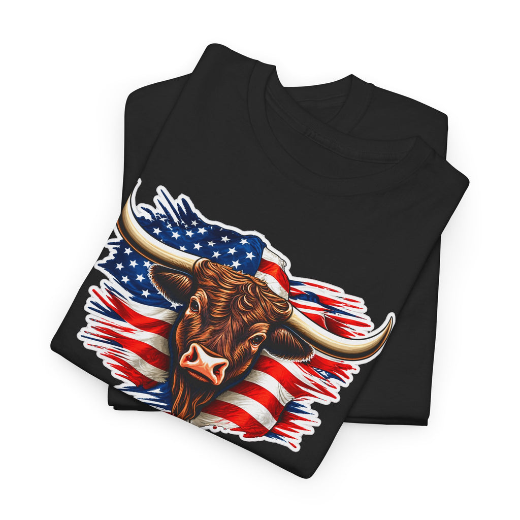 American Flag Bull Graphic Tee — Patriotic Cowboy Western T-Shirt
