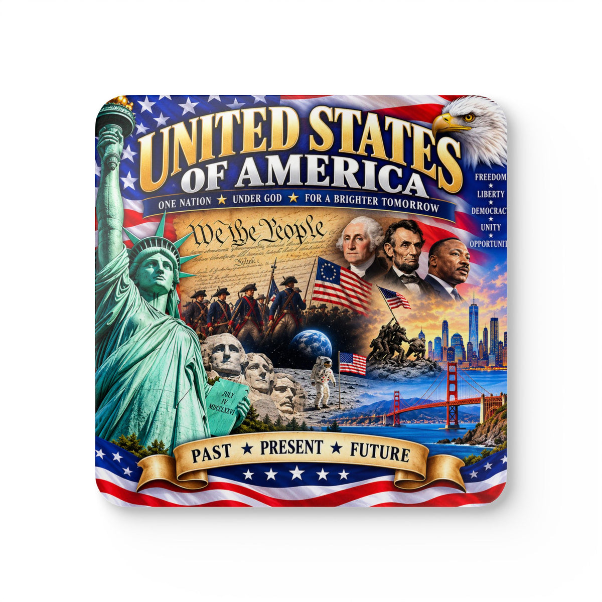Patriotic USA Cork Coaster Set – United States Collage Design (Past • Present • Future)