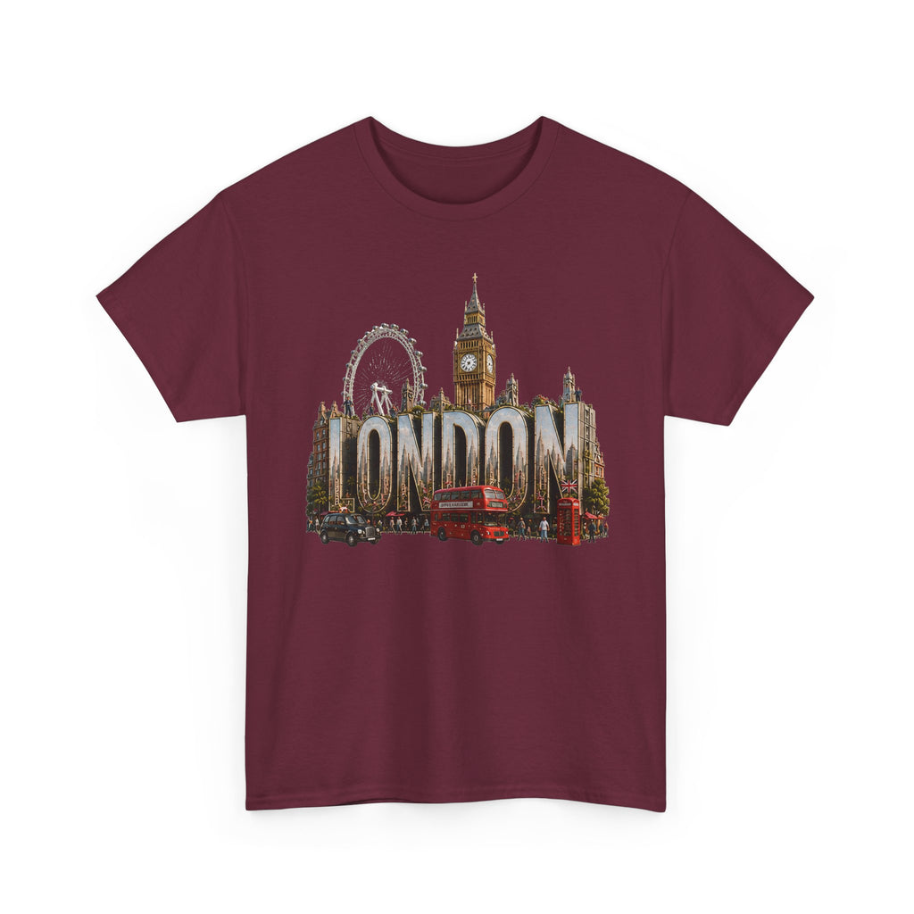London Skyline T-Shirt — London Text with Big Ben & London Eye Graphic