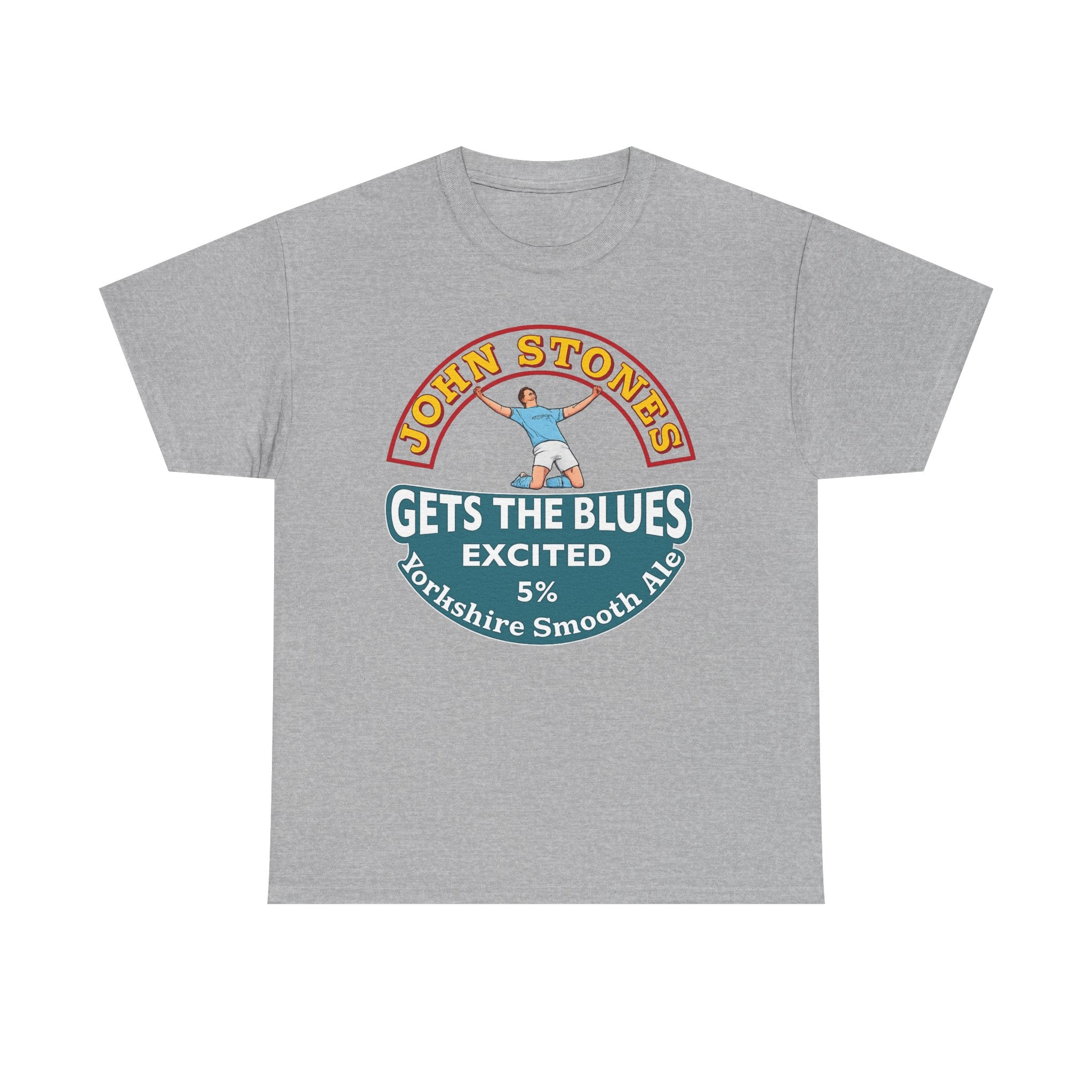 John Stones T-Shirt — "Gets The Blues Excited" Retro Ale Parody Tee