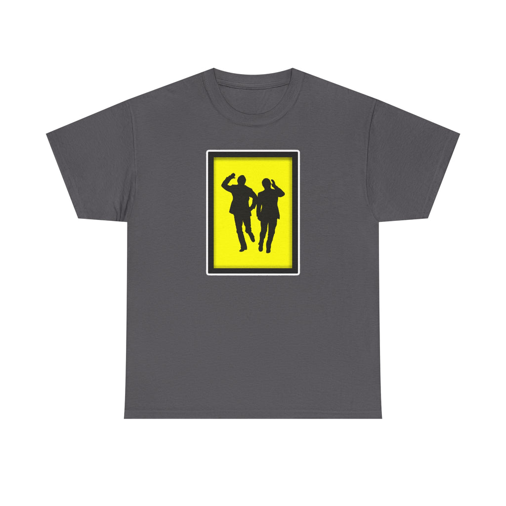 Morecambe and Wise Dancing Silhouette Tee – Retro Yellow Frame Graphic T-Shirt