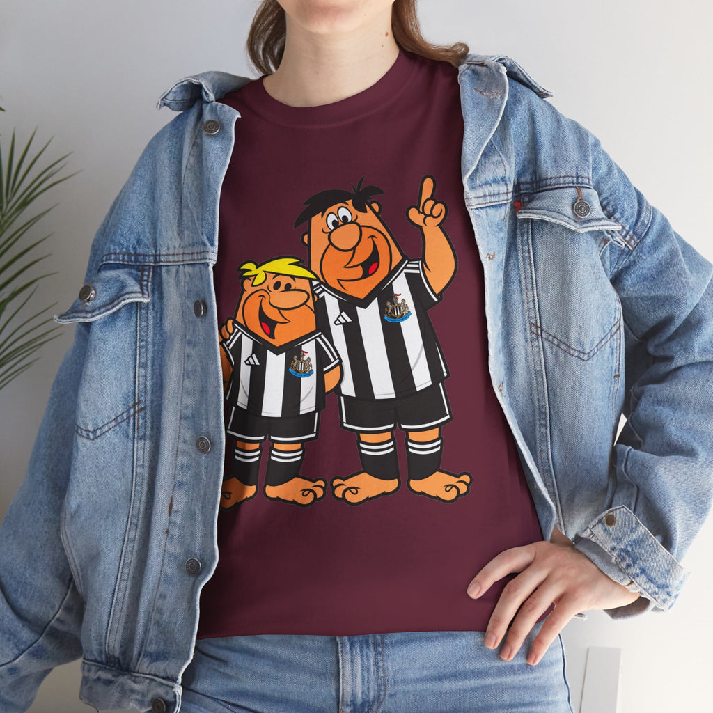 Newcastle United Flintstones Cartoon Cotton T-Shirt / Tee — Retro Striped Jersey Illustrations