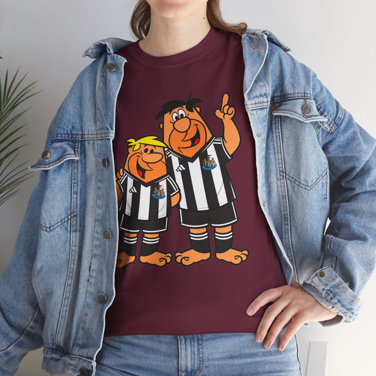 Newcastle United Flintstones Cartoon Cotton T-Shirt / Tee — Retro Striped Jersey Illustrations