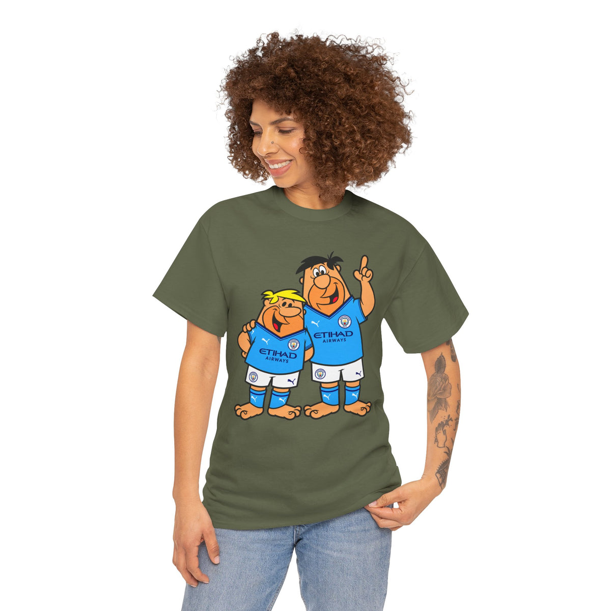 Manchester City The Flintstones Etihad Airways Cartoon Cotton T-Shirt