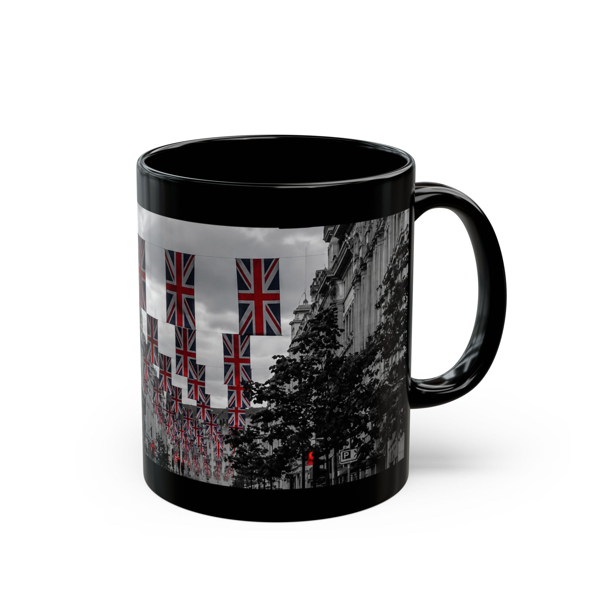 London Street Union Jack Street Scene Black Mug (11oz, 15oz) — London Flags Coffee Cup