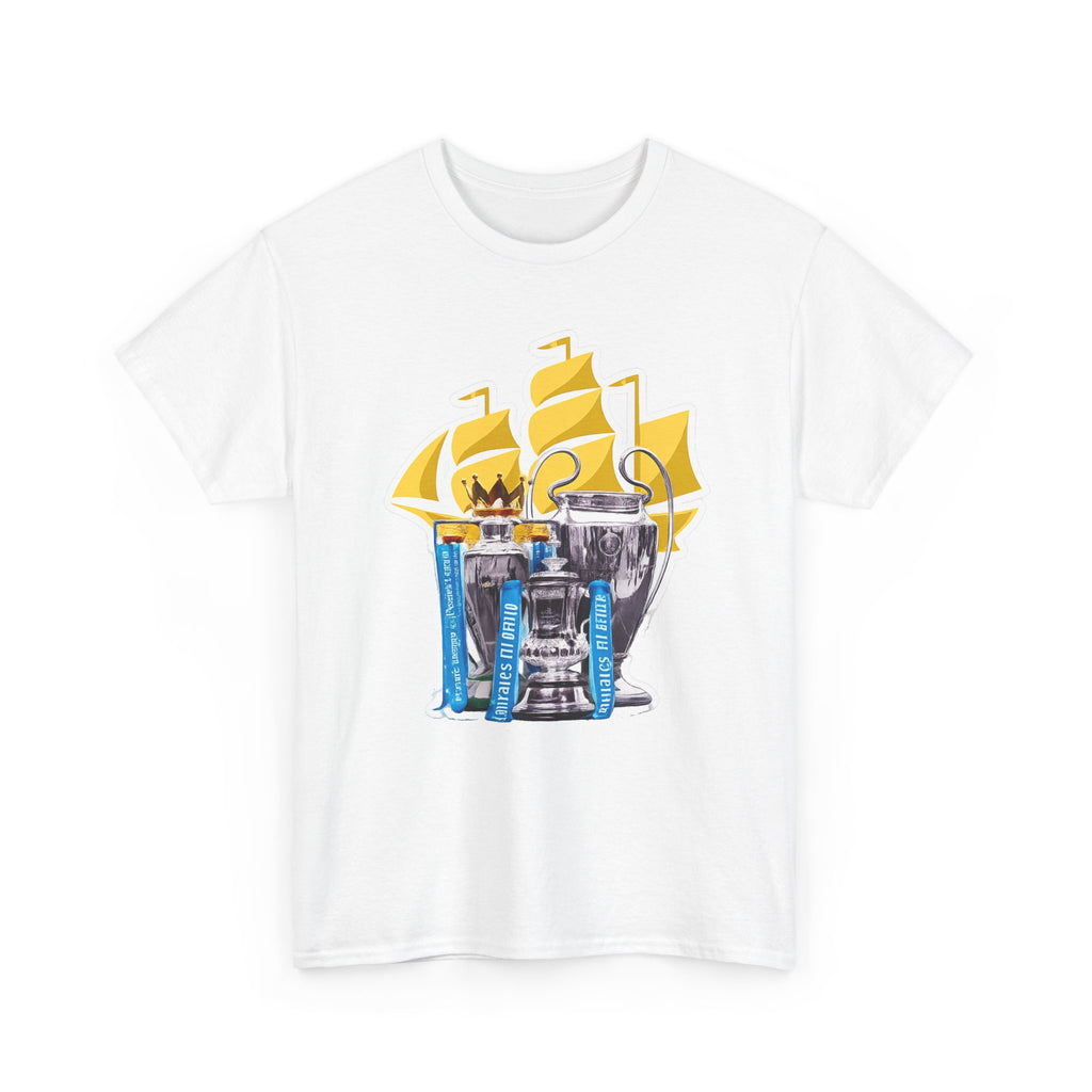 Manchester City Champions Trophy Tee – Golden Cups & Blue Scarves Football Fan Shirt