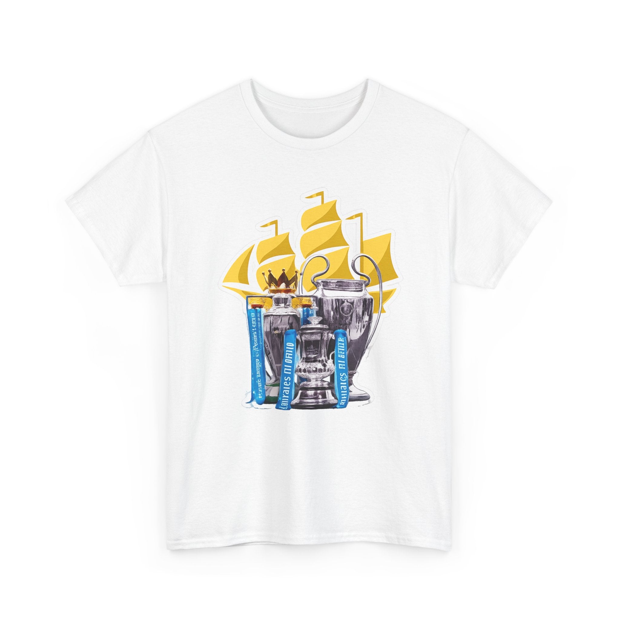 Manchester City Champions Trophy Tee – Golden Cups & Blue Scarves Football Fan Shirt