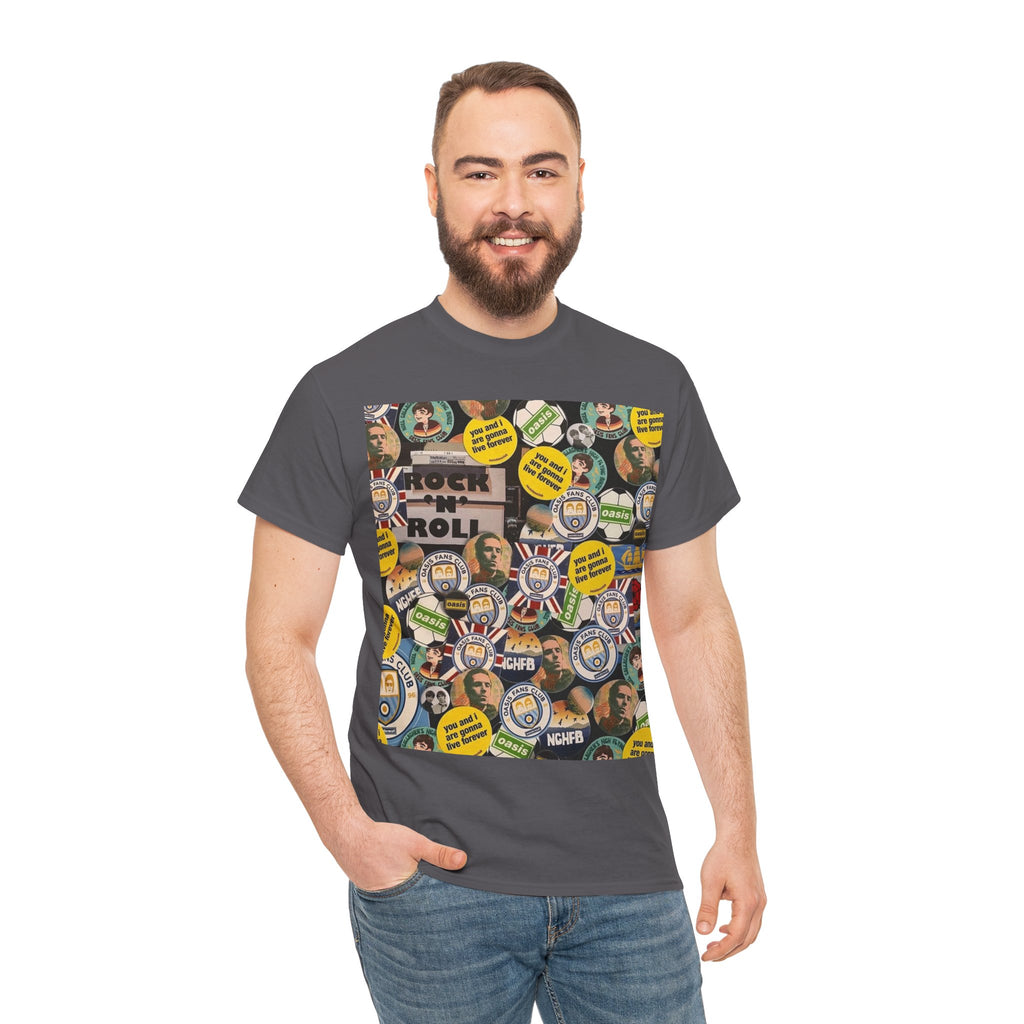 Oasis Rock & Roll Retro Button Collage Tee
